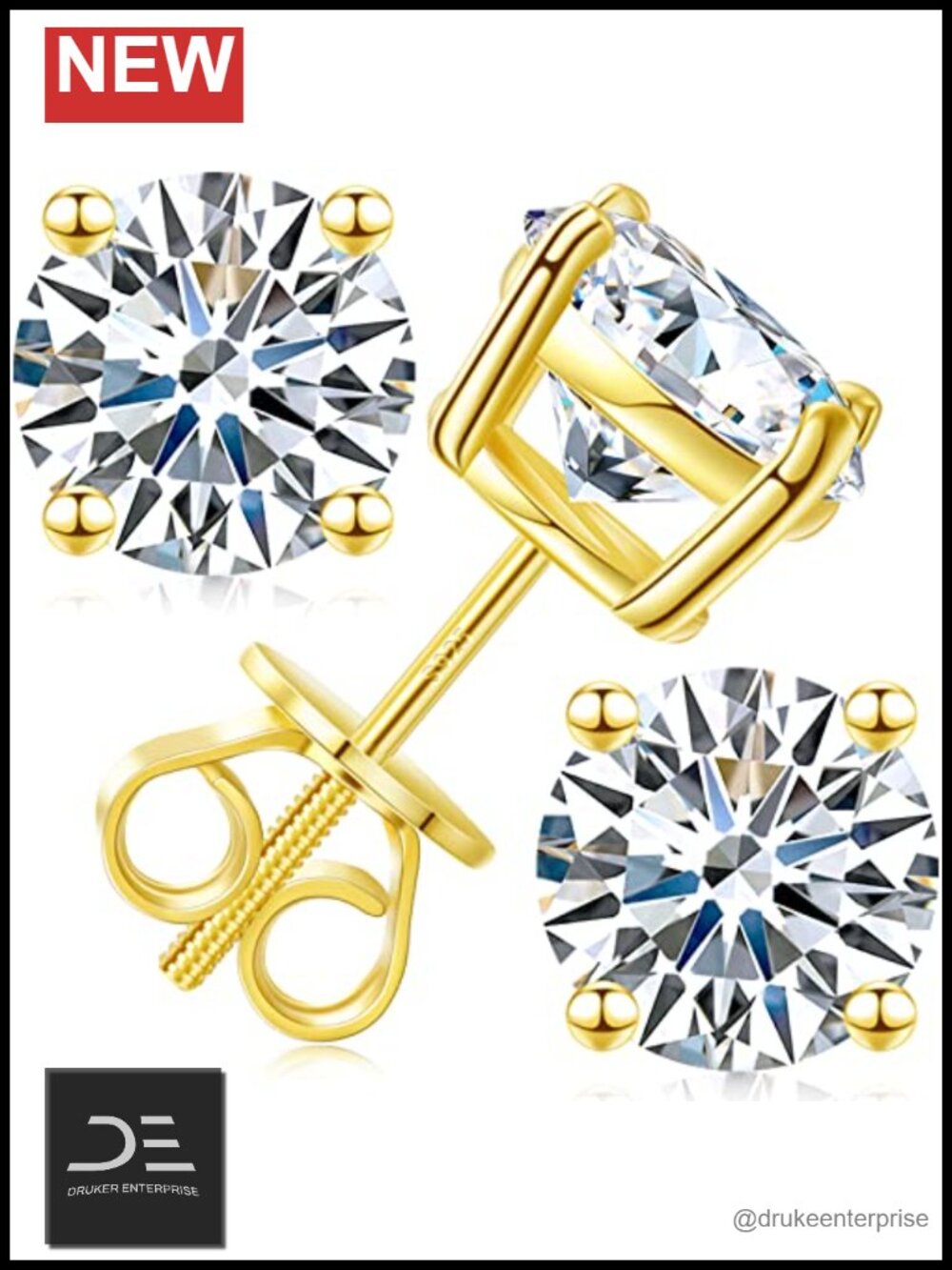 Moissanite Screw Back Stud Earrings 925 Sterling Silver 18K Gold Plated Round